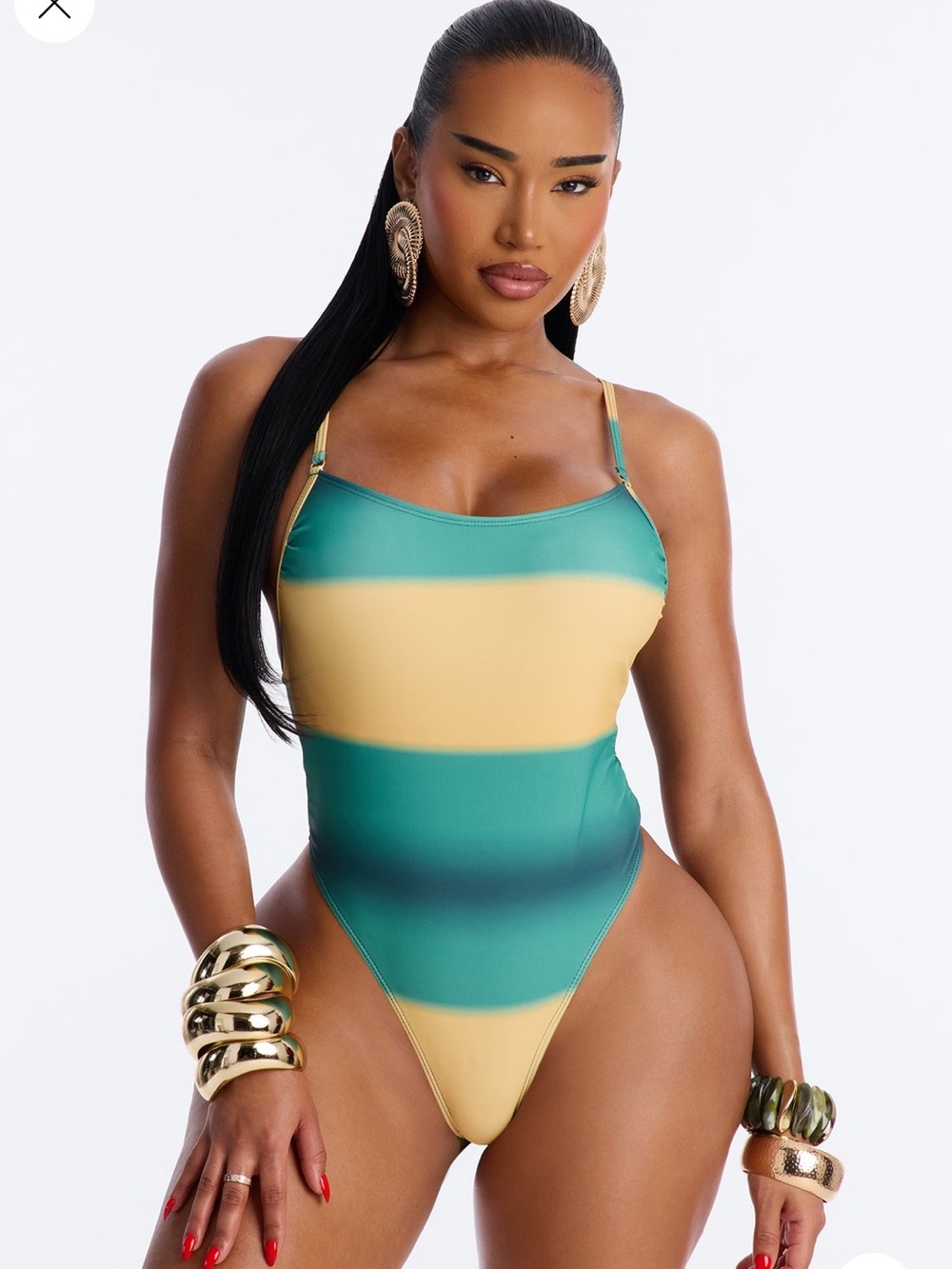 FashionNova Float My Boat 1 Piece Striped Ombre Swimsuit - Green/ combo